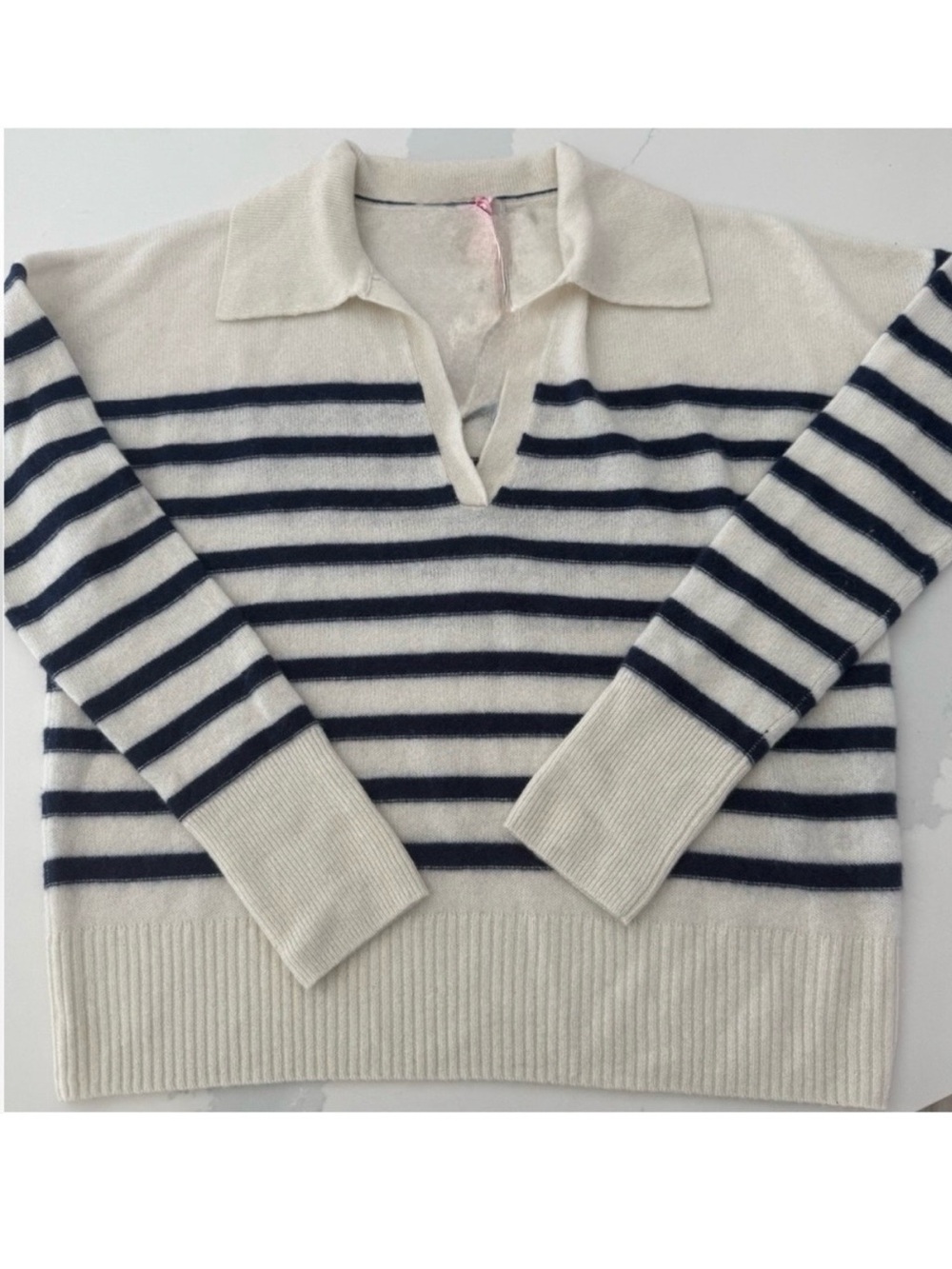 Vineyard Vines 100% Cashmere V Neck Polo Sweater Nautical Blue Cream Stripe M